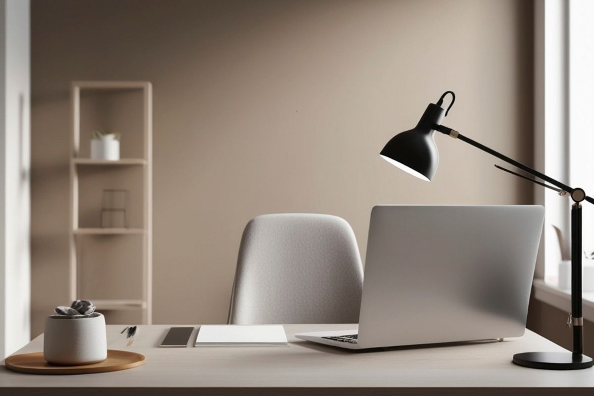 Garage converted to a clean modern home office with desk, laptop, and shelving
